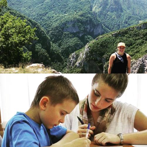 Jessica Jost in two different pictures: 1. Jessica hiking along the physical border in Bosnia and Herzegovina and 2.  Jessica working with a student during her teaching position in Russia